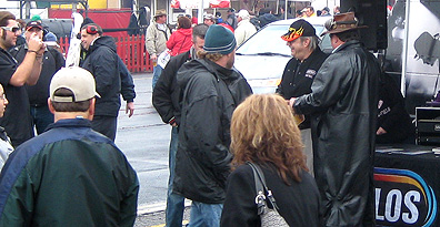 Wide shot Cool Patrol in the rain.