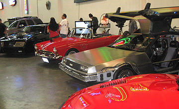 Wide shot of movie cars display.